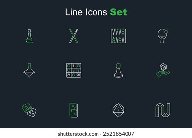 Set line Board game, Game dice, Domino, Bingo, Chess pawn, card and Whirligig toy icon. Vector