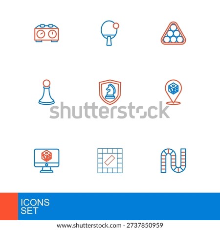 Set line Board game, Game dice, Chess pawn, Billiard balls in triangle and Racket icon. Vector