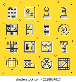 Set line Board game, Domino, Billiard pool snooker ball, Chess, of checkers,  and Mahjong pieces icon. Vector