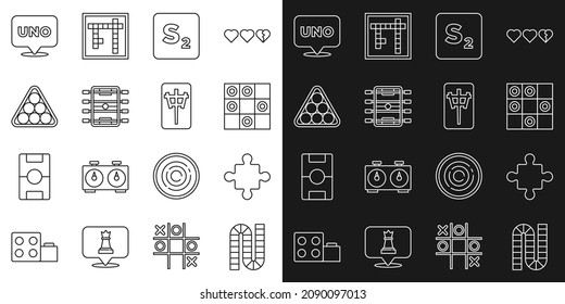 Set line Board game, Puzzle pieces toy, of checkers, Bingo, Hockey table, Billiard balls triangle, Uno card and Mahjong icon. Vector