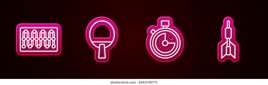 Set line Board game, Racket, Stopwatch and Dart arrow. Glowing neon icon. Vector