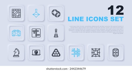 Set line Board game, Table football, Crossword, Tic tac toe, Time chess clock, Game dice, Whirligig toy and Billiard balls in triangle icon. Vector