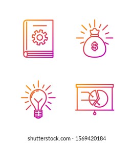 Set line Board with graph chart, Light bulb with rays shine and concept of idea, User manual and Money bag. Gradient color icons. Vector