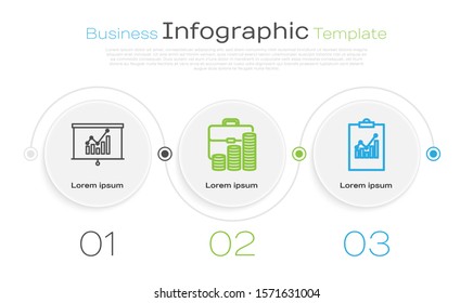 Set line Board with graph chart, Briefcase and coin and Clipboard with graph chart. Business infographic template. Vector