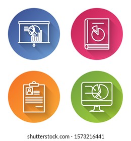 Set line Board with graph chart, User manual, Clipboard with resume and Computer monitor with graph chart. Color circle button. Vector