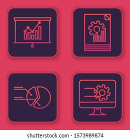 Set line Board with graph chart, Pie chart infographic, Document with graph chart and Computer monitor with graph chart. Blue square button. Vector