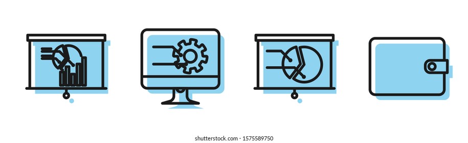 Set line Board with graph chart, Board with graph chart, Computer monitor with graph chart and Wallet icon. Vector