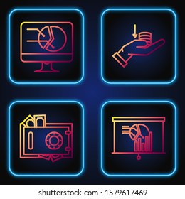 Set line Board with graph chart, Safe and money, Computer monitor with graph chart and Money on hand. Gradient color icons. Vector