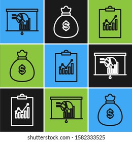 Set line Board with graph chart, Clipboard with graph chart and Money bag icon. Vector