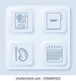 Set line Board with graph chart, Notebook, Paint brush with palette and Calendar. White square button. Vector