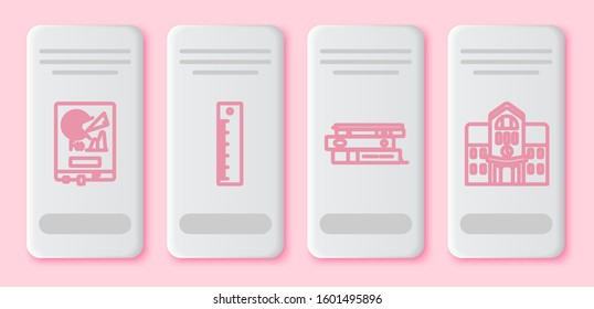 Set line Board with graph chart, Ruler, Office folders with papers and documents and School building. White rectangle button. Vector
