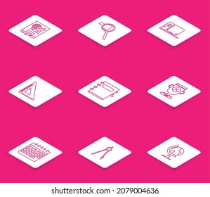 Set line Board with graph chart, Magnifying glass, Computer monitor keyboard and mouse, Triangular ruler, Notebook, Award cup, Calendar and Drawing compass icon. Vector