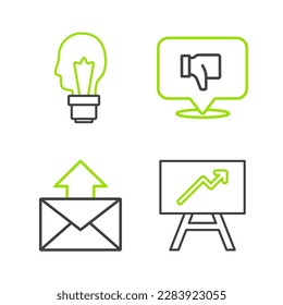 Set line Board with graph chart, Mail and e-mail, Dislike in speech bubble and Light bulb concept of idea icon. Vector