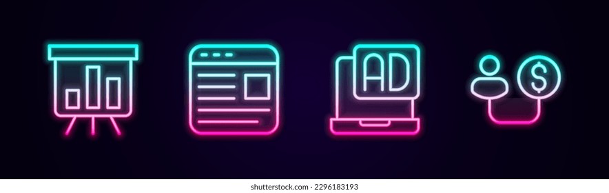 Set line Board with graph chart, Advertising,  and Human and money. Glowing neon icon. Vector