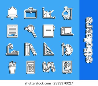 Set line Board with graph chart, Paint brush palette, Computer monitor keyboard and mouse, Pie infographic, Magnifying glass, Exam sheet check mark, Ringing bell and Notebook icon. Vector