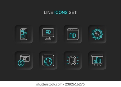 Ajuste el panel de línea con gráfico de gráficos, Diamante, a nivel mundial, Publicidad, etiqueta Porcentaje de descuento e icono de soporte móvil las 24 horas. Vector