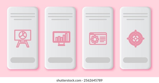 Set line Board with graph chart, Monitor, Browser setting and Target. White rectangle button. Vector