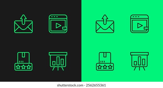 Set line Board with graph chart, Consumer product rating, Mail and e-mail and Video advertising icon. Vector