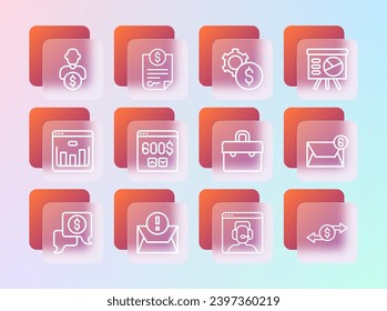 Set line Board with graph, Envelope, Briefcase, Telephone 24 hours support, Monitor dollar, Gear symbol, Business investor and Contract money icon. Vector