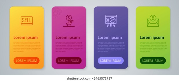 Set line Board with graph, Envelope, Sell button and Dollar plant. Business infographic template. Vector