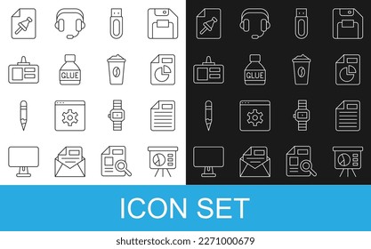 Set line Board with graph, File document, Document chart, USB flash drive, Glue, Identification badge, Note paper push button and Coffee cup go icon. Vector