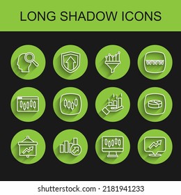 Fijar el tablero de línea con gráfico, crecimiento financiero, gente de búsqueda, gráficos de mercado de acciones, reservas de navegador, infografía de gráfico circular e icono. Vector