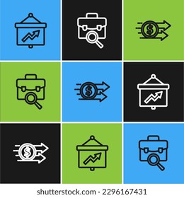 Set line Board with graph, Financial growth dollar and Work search icon. Vector
