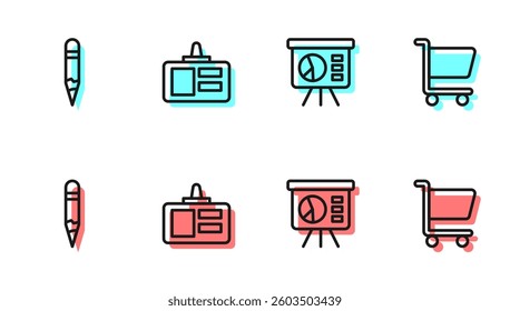 Set line Board with graph, Pencil, Identification badge and Shopping cart icon. Vector