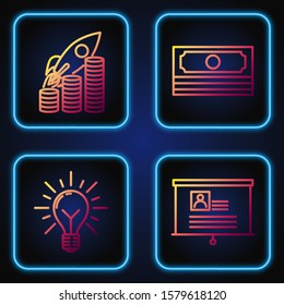 Set line Board with resume, Light bulb with rays shine and concept of idea, Rocket flying up on coins growth chart and Stacks paper money cash. Gradient color icons. Vector