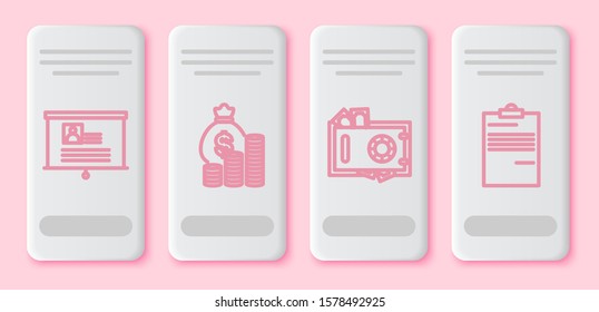 Set line Board with resume, Money bag and coin, Safe and money and Document. White rectangle button. Vector