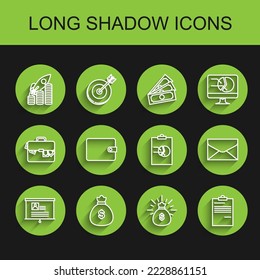 Set line Board with resume, Money bag, Rocket flying up coins growth chart, Document, Wallet, Envelope and Clipboard graph icon. Vector
