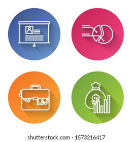 Set line Board with resume, Pie chart infographic, Briefcase and money and Money bag and diagram graph. Color circle button. Vector