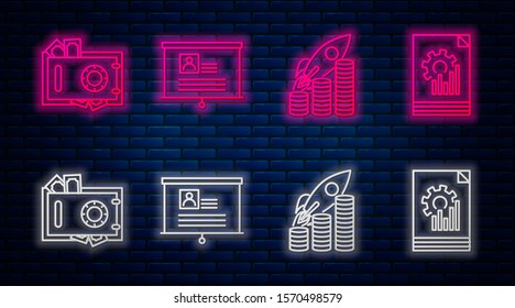 Set line Board with resume, Rocket flying up on coins growth chart, Safe and money and Document with graph chart. Glowing neon icon on brick wall. Vector