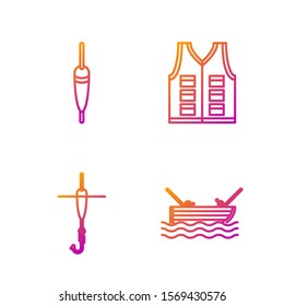 Set line boat with fishing rod on water, Fishing hook and float, Fishing float and Fishing jacket. Gradient color icons. Vector