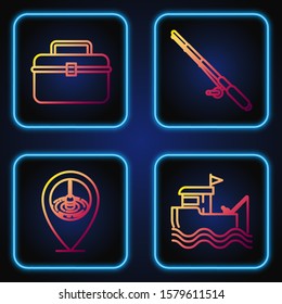 Set line boat with fishing rod on water, Location fishing, Case or box container for wobbler and gear fishing equipment and Fishing rod. Gradient color icons. Vector