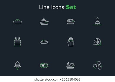 Set line Boat propeller, Cargo ship, Nautical knots, Ship bell, Anchor, Yacht sailboat, Speedboat and Striped sailor t-shirt icon. Vector