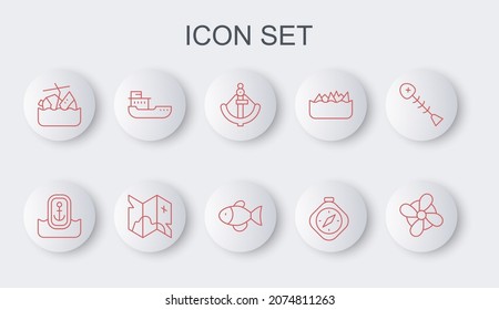 Set Line Boat Propeller, Location With Anchor, Anchor, Compass, Sinking Cruise Ship, Cargo, Pirate Treasure Map And Fish Icon. Vector