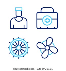 Set line Boat propeller, Ship steering wheel, First aid kit and Sailor captain icon. Vector
