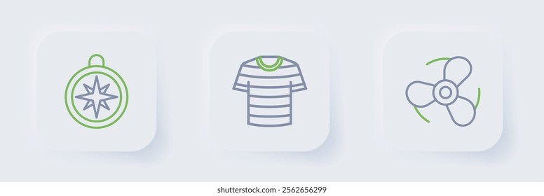 Set line Boat propeller, Striped sailor t-shirt and Compass icon. Vector