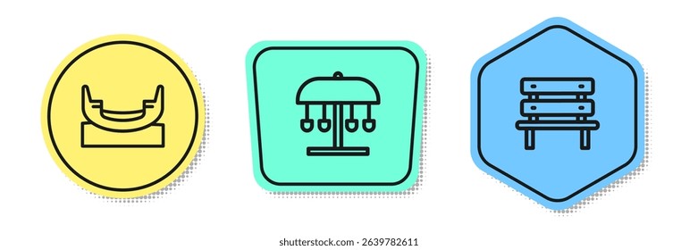 Set line Boat swing, Attraction carousel and Bench. Colored shapes. Vector