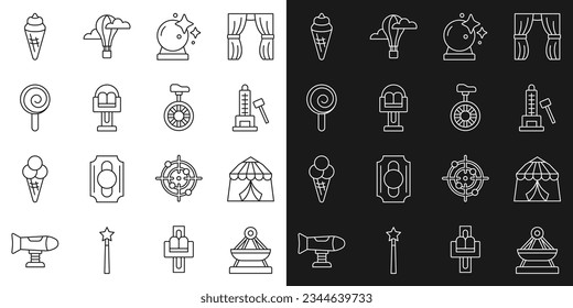 Fijar línea de balancín, tienda de Circus, atracción de Striker con martillo, bola mágica, carrusel de atracción, langosta, cono de crema de helado e icono de bicicleta de unicciclo o rueda. Vector