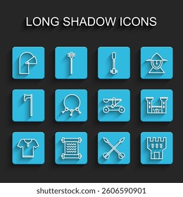 Set line Body armor, Decree, parchment, scroll, Medieval iron helmet, crossed arrows, Castle tower, Old keys,  and Catapult shooting stones icon. Vector