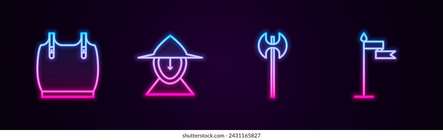 Set line Armadura de cuerpo, casco de hierro medieval, hacha y bandera. Icono de neón brillante. Vector