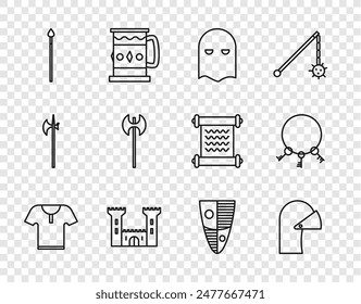 Set line Körperpanzerung, Mittelalterlicher eiserner Helm, Scharfrichter-Maske, Schloss, Speer, Axt, Schild und Alte Schlüssel Symbol. Vektorgrafik