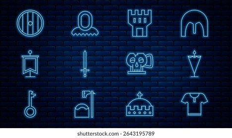 Set line Body armor, Medieval flag, Castle tower, sword, Round wooden shield, Cup from the skull and hood icon. Vector