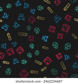 Set line Body armor, Skull, Bottle with potion and Pirate treasure map on seamless pattern. Vector