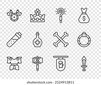 Definir a linha Armadura corporal, Espada para o jogo, Varinha mágica, Machado medieval, escudo com, Poção de garrafa, Barra de tabuleiro de rua e ícone de anel de pedra. Vetor