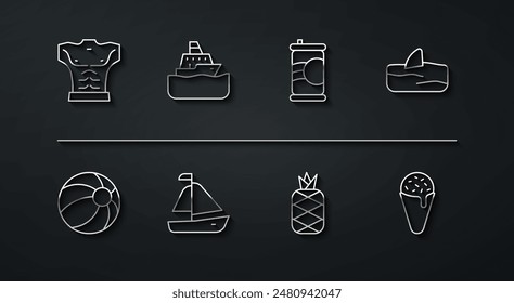 Set line Bodybuilder muscle, Beach ball, Shark fin in ocean wave, Pineapple, Yacht sailboat, Cruise ship, Ice cream waffle cone and Soda can icon. Vector