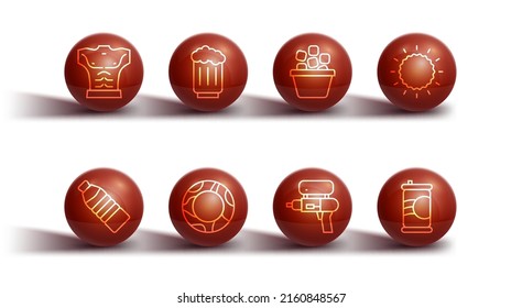Set line Bodybuilder muscle, Bottle of water, Sun, Water gun, Rubber swimming ring, Wooden beer mug, Soda can and Ice bucket icon. Vector