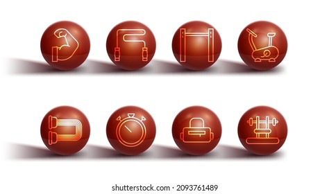 Set line Bodybuilder muscle, Chest expander, Stationary bicycle, Sport bag, Stopwatch, Jump rope, Bench with barbel and Horizontal icon. Vector
